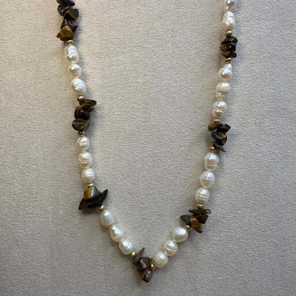 Women Necklace White Brown Freshwater Baroque Pearl Tiger Eye Boho Earthy